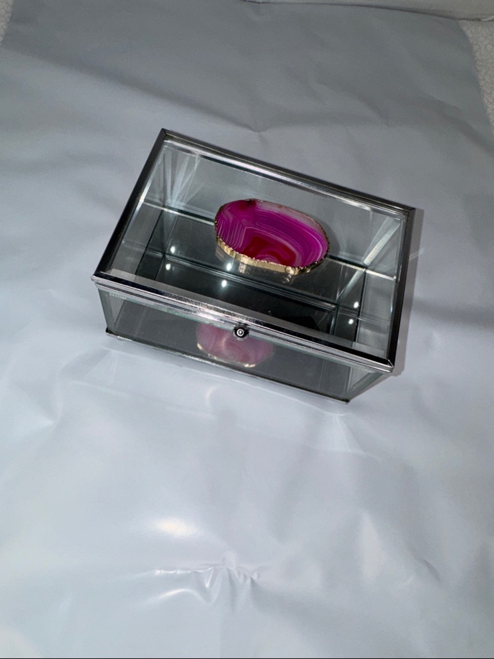 jewelry box Glass Trinket Box Beveled Glass slice of pink agate stone 6X3X4